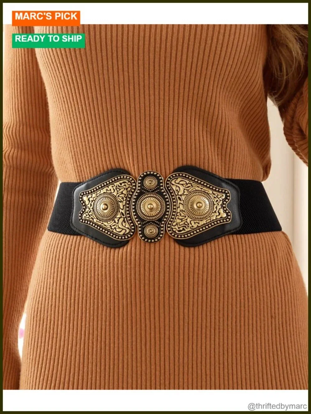 Wide Elastic Stretch Vintage Antique Buckle Belt Faux Leather